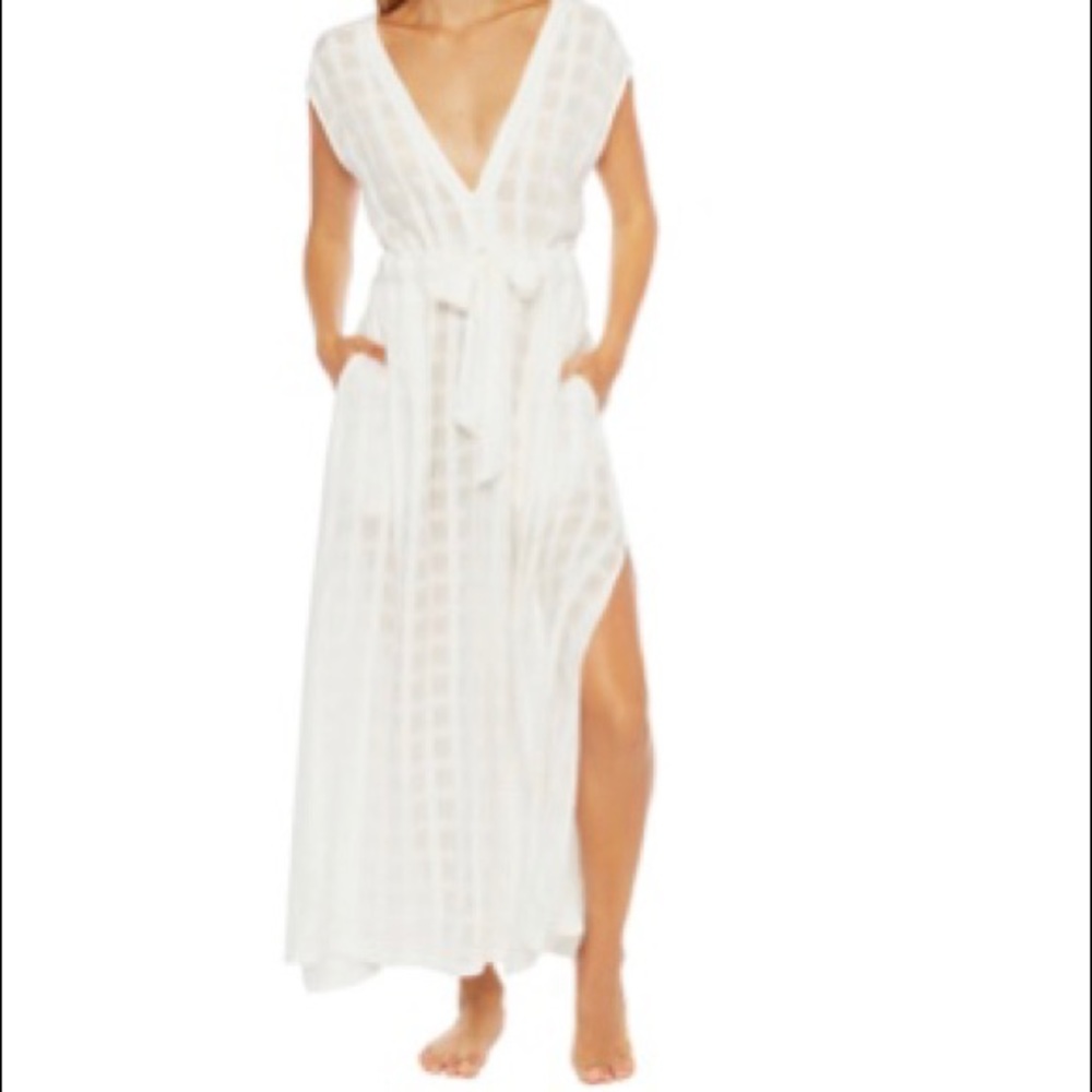 White Plaid-Embossed Double V-Neck Cover-Up